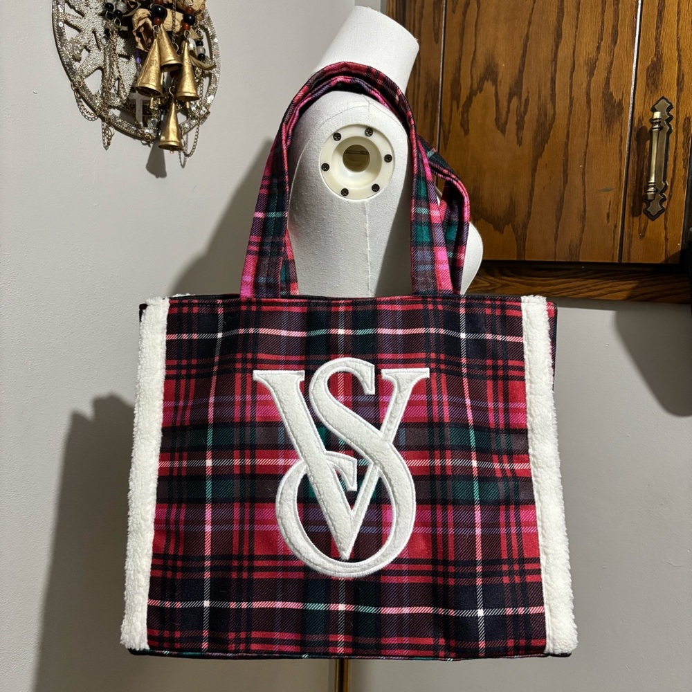 Victoria's Secret Plaid Shoulder Tote Bag Purse Shearling Trim Logo Pink Red Grn